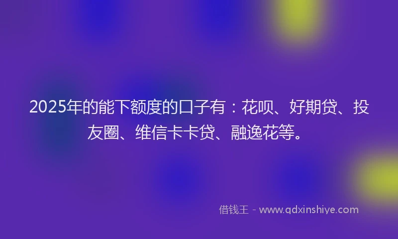 2025年的能下额度的口子有：花呗、好期贷、投友圈、维信卡卡贷、融逸花等。
