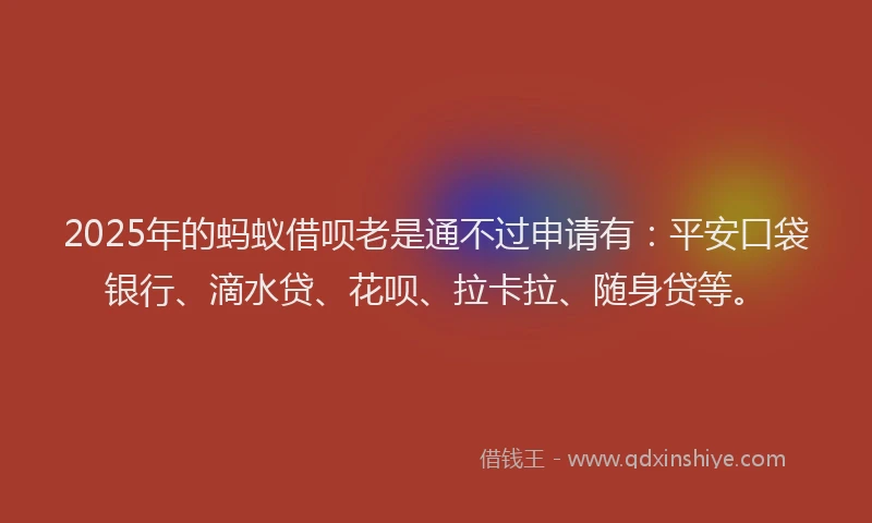 2025年的蚂蚁借呗老是通不过申请有：平安口袋银行、滴水贷、花呗、拉卡拉、随身贷等。