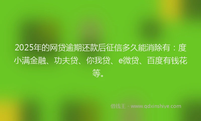 2025年的网贷逾期还款后征信多久能消除有：度小满金融、功夫贷、你我贷、e微贷、百度有钱花等。