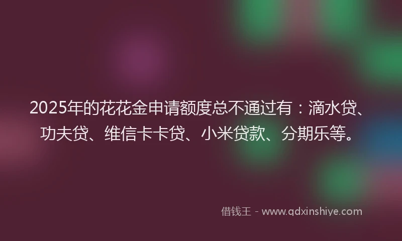 2025年的花花金申请额度总不通过有：滴水贷、功夫贷、维信卡卡贷、小米贷款、分期乐等。