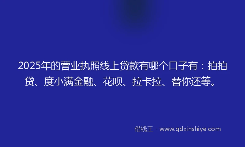2025年的营业执照线上贷款有哪个口子有：拍拍贷、度小满金融、花呗、拉卡拉、替你还等。