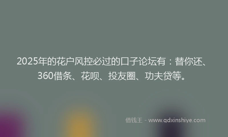 2025年的花户风控必过的口子论坛有：替你还、360借条、花呗、投友圈、功夫贷等。