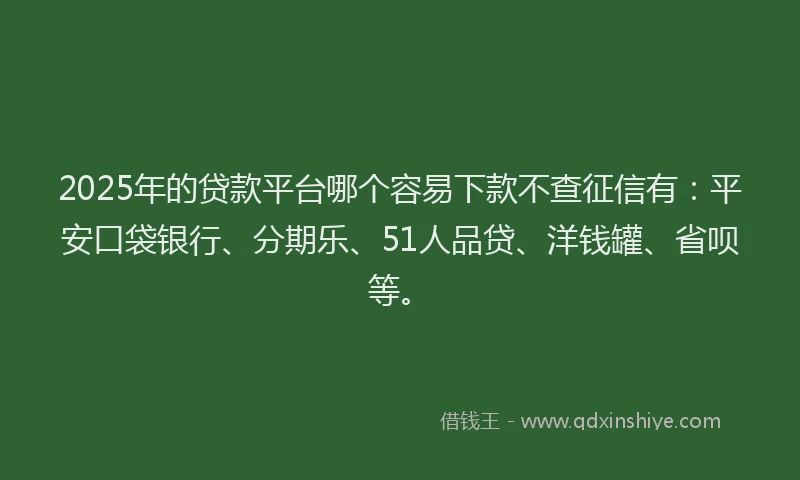 2025年的贷款平台哪个容易下款不查征信有：平安口袋银行、分期乐、51人品贷、洋钱罐、省呗等。
