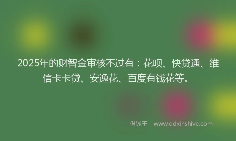 2025年的财智金审核不过有：花呗、快贷通、维信卡卡贷、安逸花、百度有钱花等。