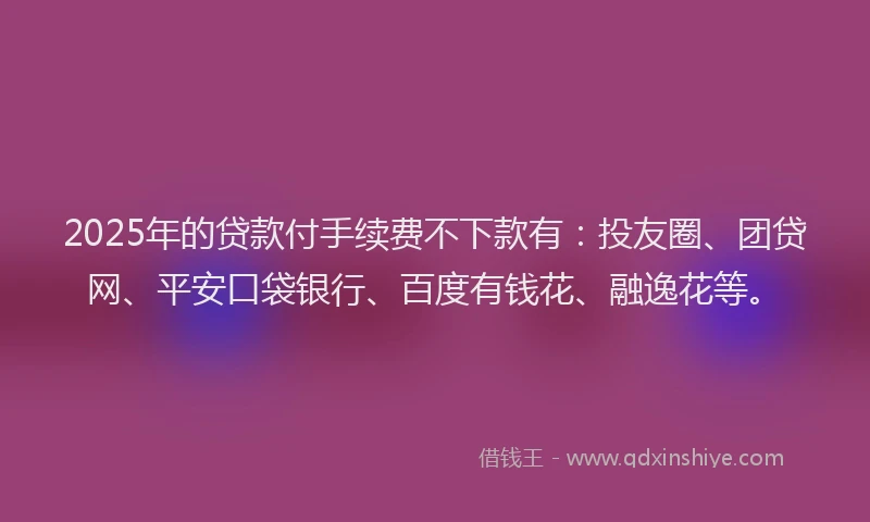 2025年的贷款付手续费不下款有：投友圈、团贷网、平安口袋银行、百度有钱花、融逸花等。