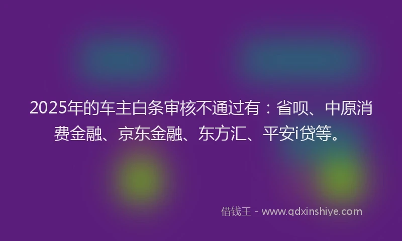 2025年的车主白条审核不通过有：省呗、中原消费金融、京东金融、东方汇、平安i贷等。