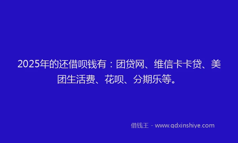 2025年的还借呗钱有：团贷网、维信卡卡贷、美团生活费、花呗、分期乐等。