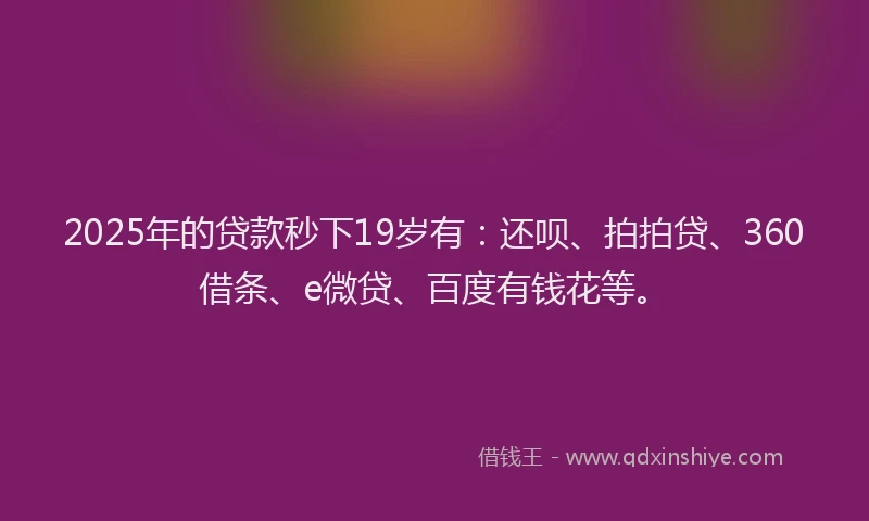2025年的贷款秒下19岁有：还呗、拍拍贷、360借条、e微贷、百度有钱花等。