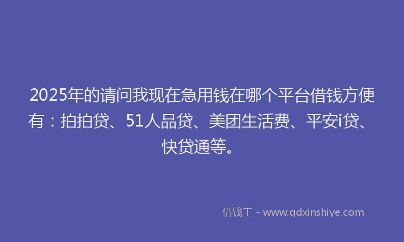 2025年的请问我现在急用钱在哪个平台借钱方便有：拍拍贷、51人品贷、美团生活费、平安i贷、快贷通等。