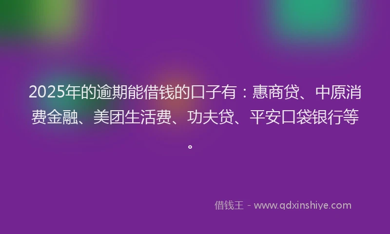 2025年的逾期能借钱的口子有：惠商贷、中原消费金融、美团生活费、功夫贷、平安口袋银行等。