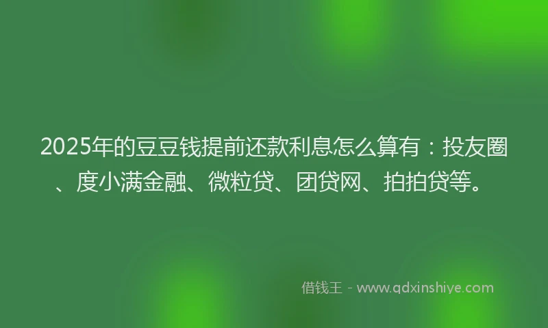 2025年的豆豆钱提前还款利息怎么算有：投友圈、度小满金融、微粒贷、团贷网、拍拍贷等。
