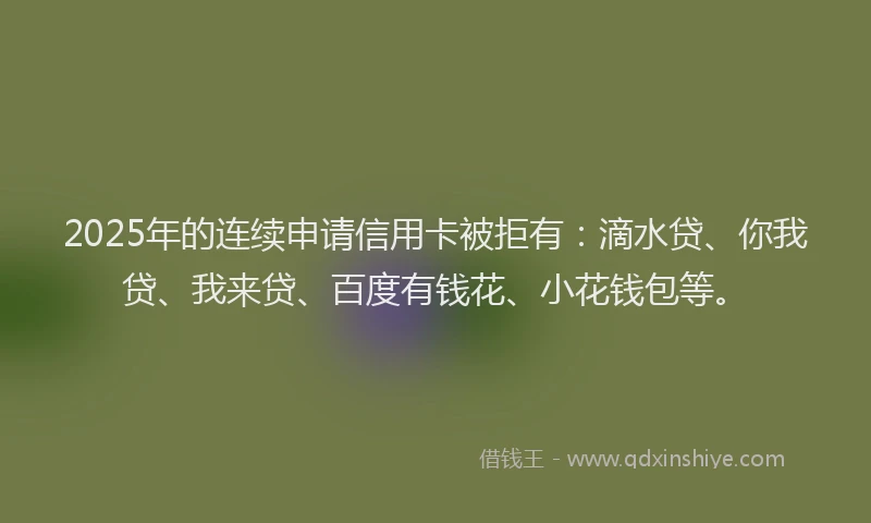2025年的连续申请信用卡被拒有：滴水贷、你我贷、我来贷、百度有钱花、小花钱包等。