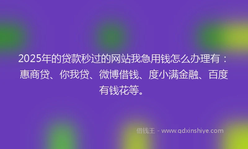 2025年的贷款秒过的网站我急用钱怎么办理有：惠商贷、你我贷、微博借钱、度小满金融、百度有钱花等。