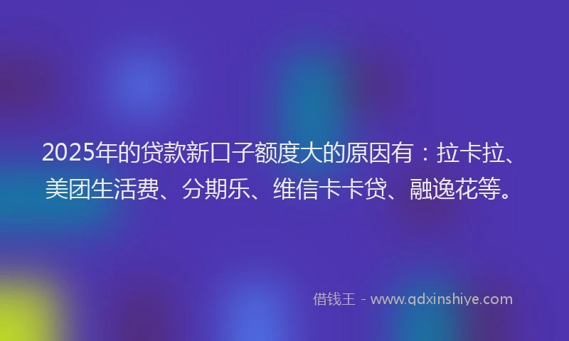 2025年的贷款新口子额度大的原因有：拉卡拉、美团生活费、分期乐、维信卡卡贷、融逸花等。