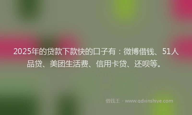 2025年的贷款下款快的口子有：微博借钱、51人品贷、美团生活费、信用卡贷、还呗等。