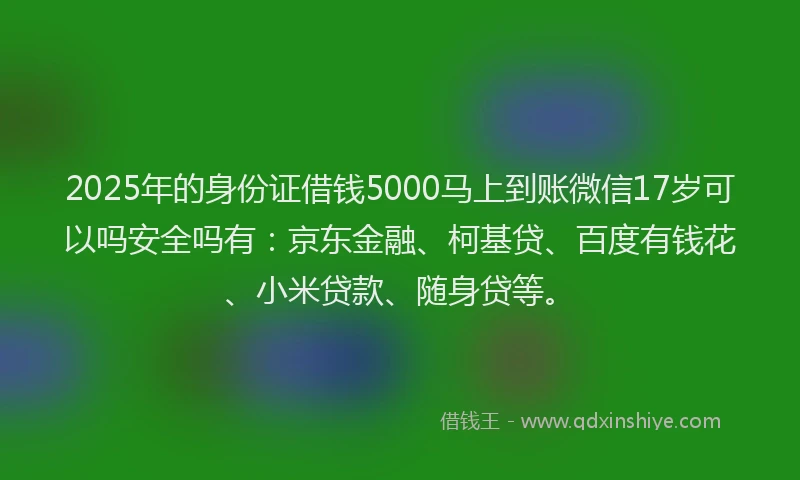 2025年的身份证借钱5000马上到账微信17岁可以吗安全吗有：京东金融、柯基贷、百度有钱花、小米贷款、随身贷等。