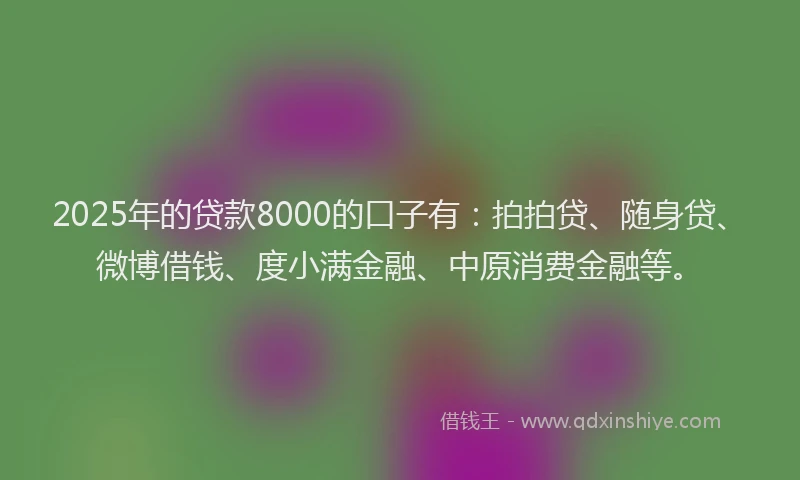 2025年的贷款8000的口子有：拍拍贷、随身贷、微博借钱、度小满金融、中原消费金融等。