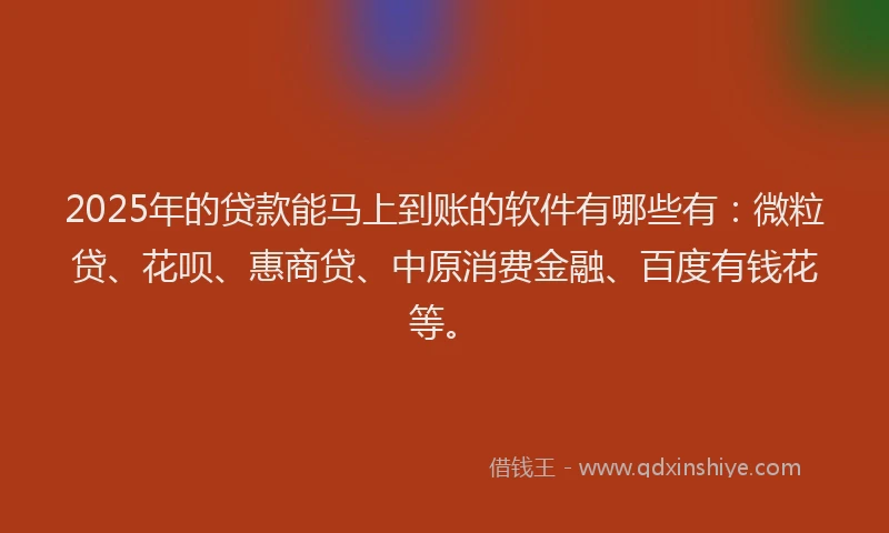 2025年的贷款能马上到账的软件有哪些有：微粒贷、花呗、惠商贷、中原消费金融、百度有钱花等。