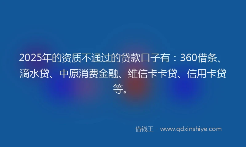 2025年的资质不通过的贷款口子有：360借条、滴水贷、中原消费金融、维信卡卡贷、信用卡贷等。