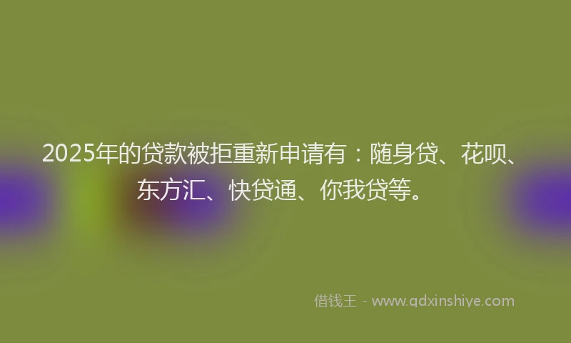 2025年的贷款被拒重新申请有：随身贷、花呗、东方汇、快贷通、你我贷等。