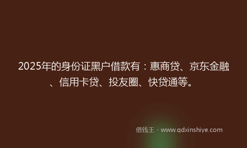 2025年的身份证黑户借款有：惠商贷、京东金融、信用卡贷、投友圈、快贷通等。