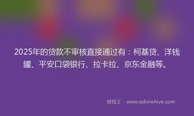 2025年的贷款不审核直接通过有：柯基贷、洋钱罐、平安口袋银行、拉卡拉、京东金融等。