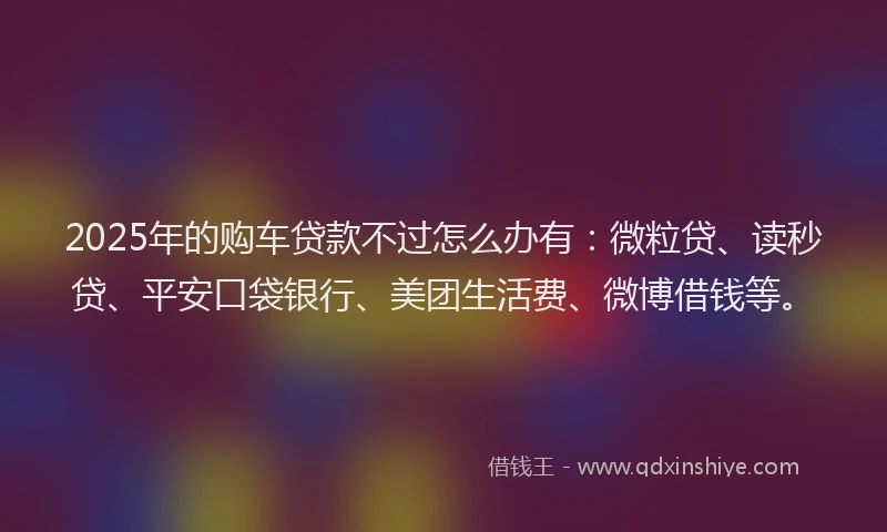 2025年的购车贷款不过怎么办有：微粒贷、读秒贷、平安口袋银行、美团生活费、微博借钱等。