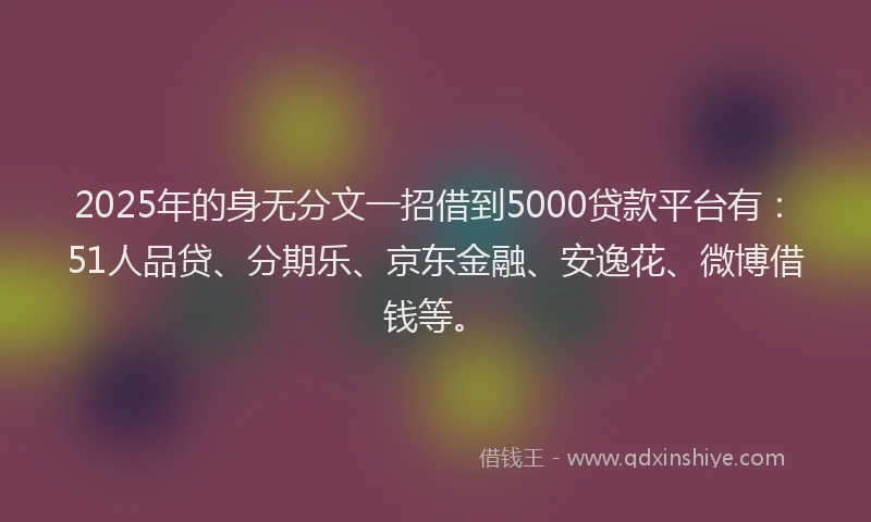2025年的身无分文一招借到5000贷款平台有：51人品贷、分期乐、京东金融、安逸花、微博借钱等。