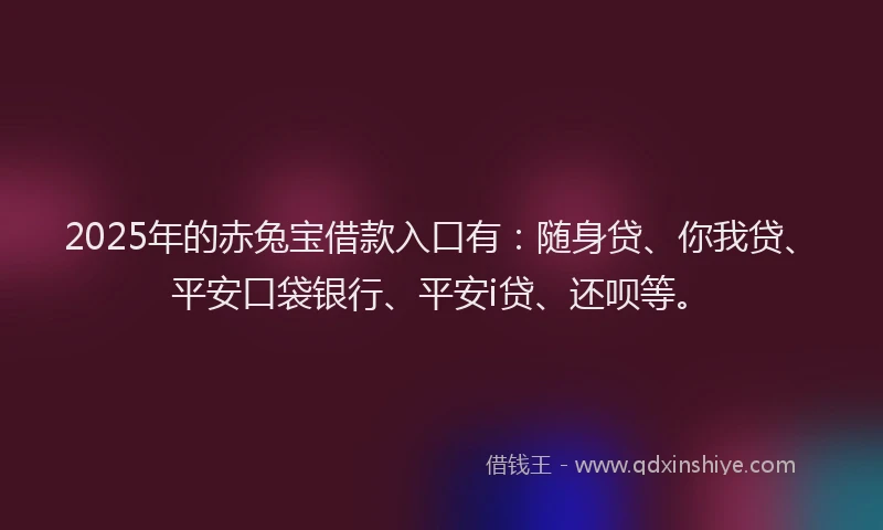 2025年的赤兔宝借款入口有：随身贷、你我贷、平安口袋银行、平安i贷、还呗等。