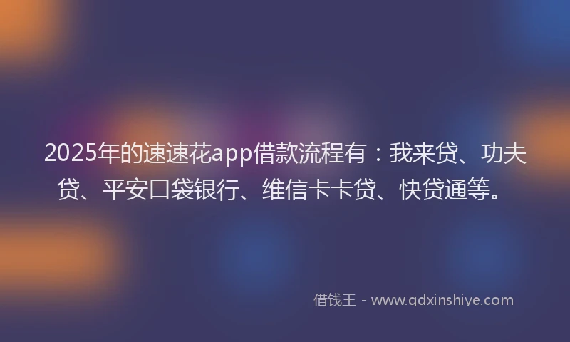 2025年的速速花app借款流程有：我来贷、功夫贷、平安口袋银行、维信卡卡贷、快贷通等。