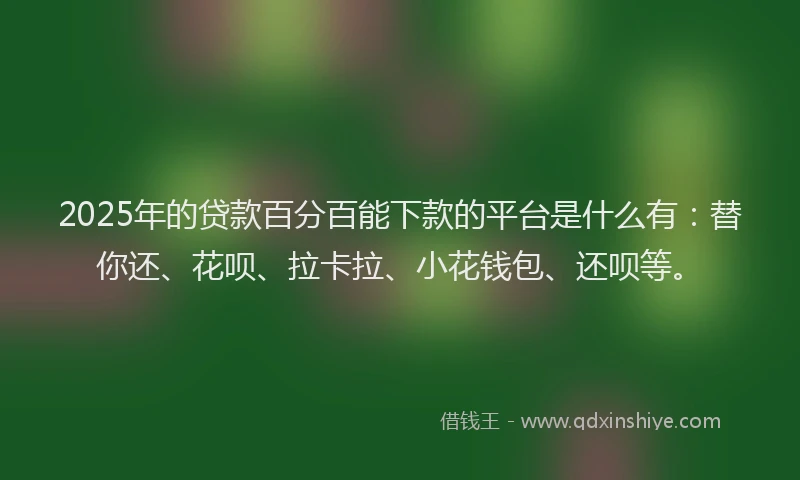 2025年的贷款百分百能下款的平台是什么有：替你还、花呗、拉卡拉、小花钱包、还呗等。