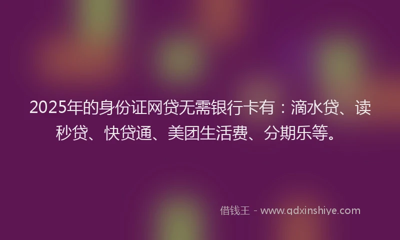 2025年的身份证网贷无需银行卡有：滴水贷、读秒贷、快贷通、美团生活费、分期乐等。