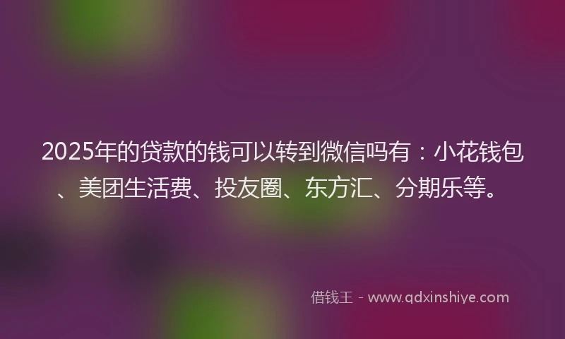2025年的贷款的钱可以转到微信吗有：小花钱包、美团生活费、投友圈、东方汇、分期乐等。