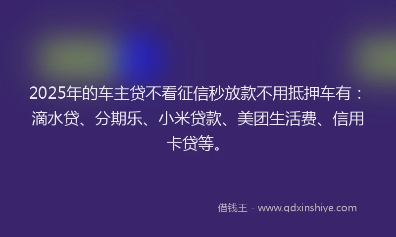 2025年的车主贷不看征信秒放款不用抵押车有：滴水贷、分期乐、小米贷款、美团生活费、信用卡贷等。