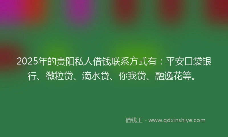 2025年的贵阳私人借钱联系方式有：平安口袋银行、微粒贷、滴水贷、你我贷、融逸花等。
