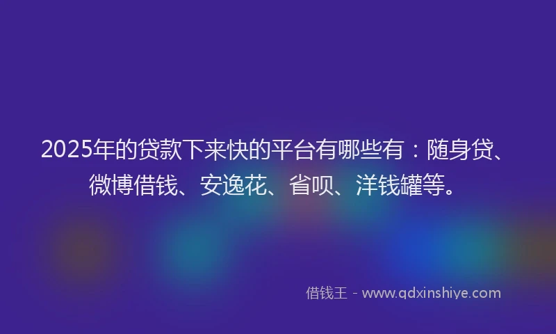 2025年的贷款下来快的平台有哪些有：随身贷、微博借钱、安逸花、省呗、洋钱罐等。