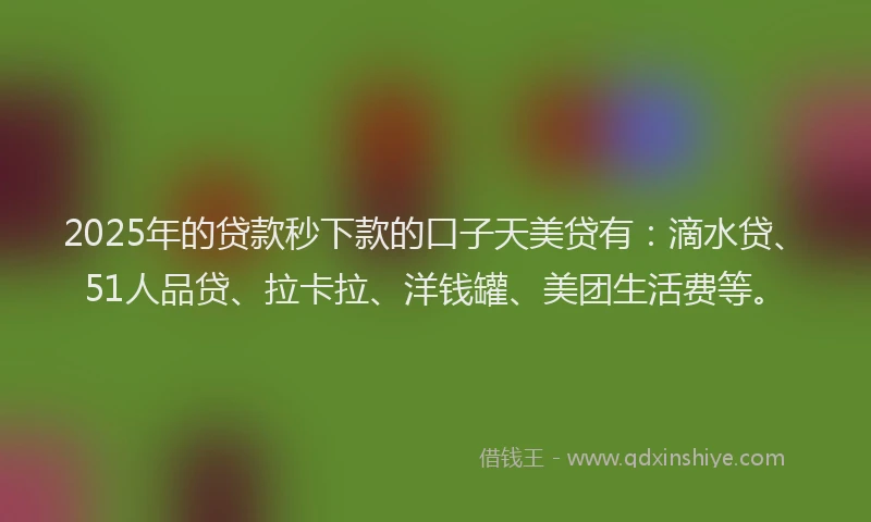 2025年的贷款秒下款的口子天美贷有：滴水贷、51人品贷、拉卡拉、洋钱罐、美团生活费等。