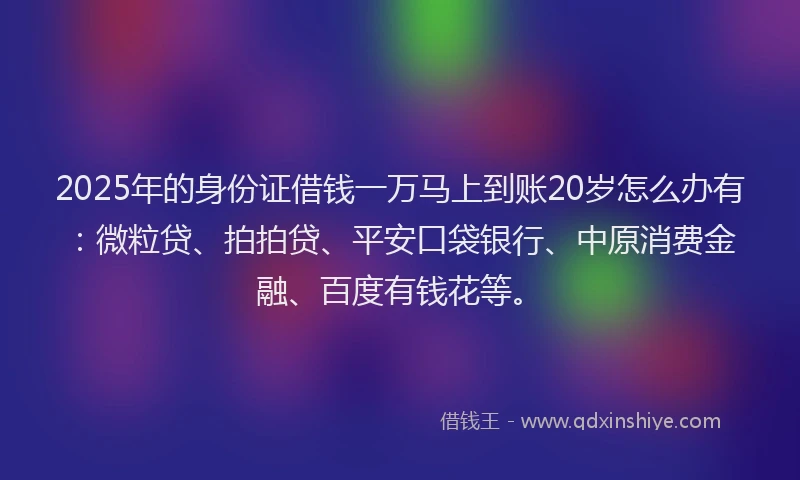 2025年的身份证借钱一万马上到账20岁怎么办有：微粒贷、拍拍贷、平安口袋银行、中原消费金融、百度有钱花等。