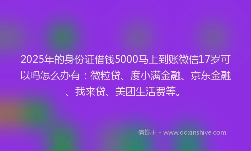 2025年的身份证借钱5000马上到账微信17岁可以吗怎么办有：微粒贷、度小满金融、京东金融、我来贷、美团生活费等。