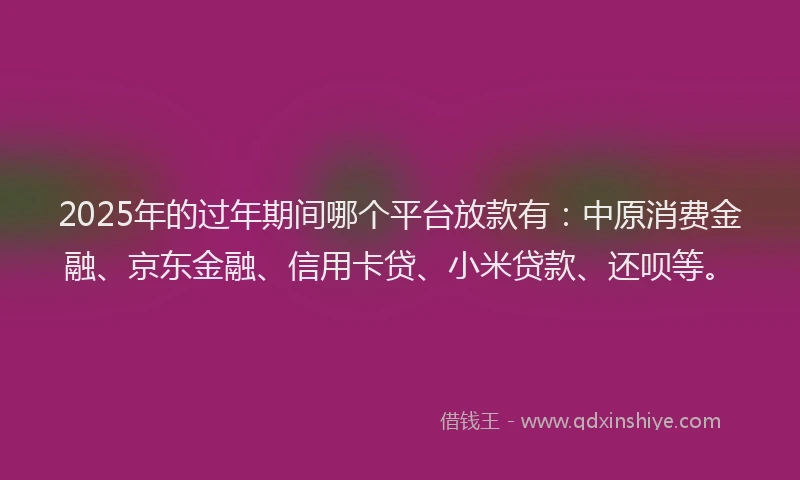 2025年的过年期间哪个平台放款有：中原消费金融、京东金融、信用卡贷、小米贷款、还呗等。