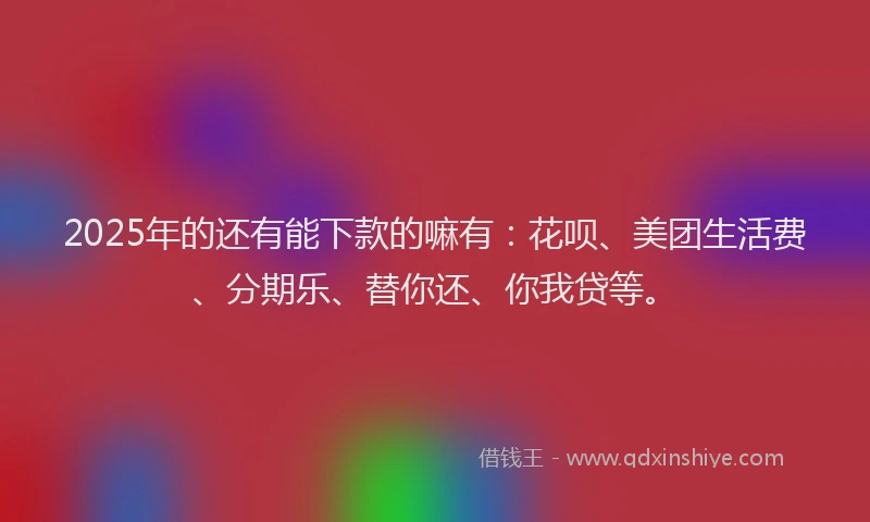 2025年的还有能下款的嘛有：花呗、美团生活费、分期乐、替你还、你我贷等。