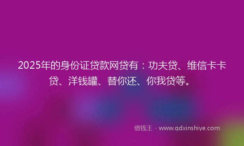 2025年的身份证贷款网贷有：功夫贷、维信卡卡贷、洋钱罐、替你还、你我贷等。