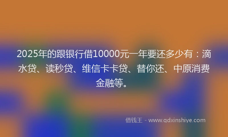 2025年的跟银行借10000元一年要还多少有：滴水贷、读秒贷、维信卡卡贷、替你还、中原消费金融等。