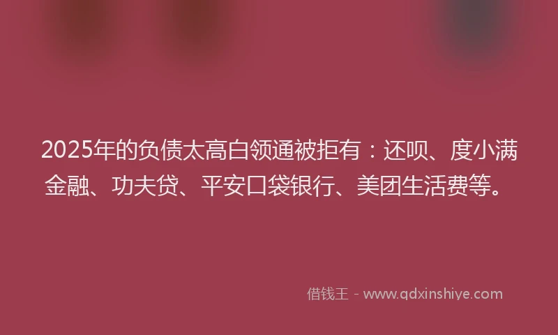 2025年的负债太高白领通被拒有：还呗、度小满金融、功夫贷、平安口袋银行、美团生活费等。