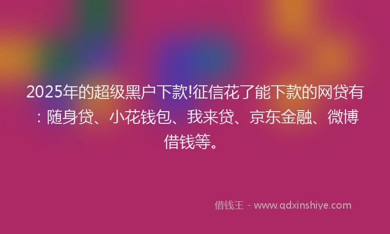 2025年的超级黑户下款!征信花了能下款的网贷有：随身贷、小花钱包、我来贷、京东金融、微博借钱等。