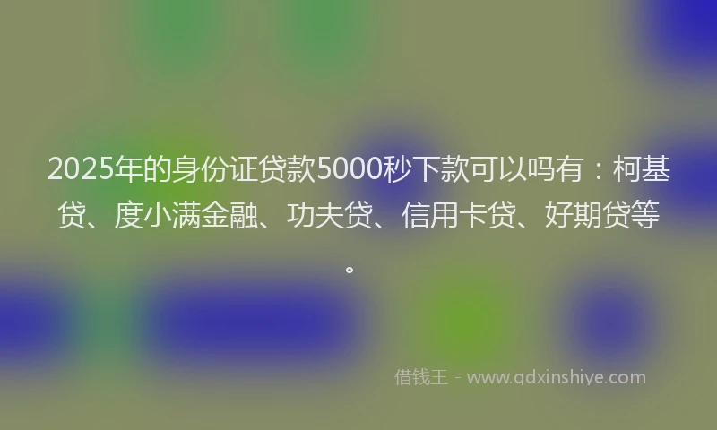 2025年的身份证贷款5000秒下款可以吗有：柯基贷、度小满金融、功夫贷、信用卡贷、好期贷等。