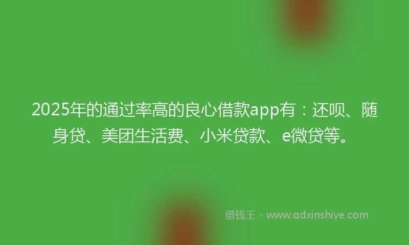 2025年的通过率高的良心借款app有：还呗、随身贷、美团生活费、小米贷款、e微贷等。