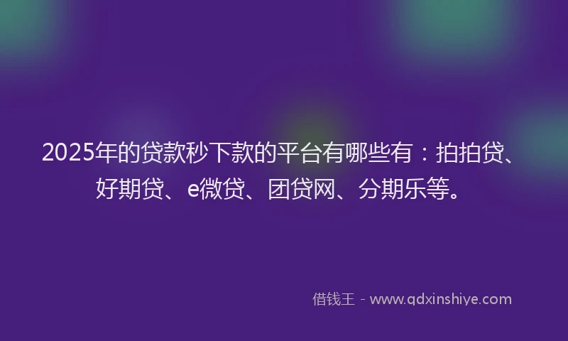2025年的贷款秒下款的平台有哪些有：拍拍贷、好期贷、e微贷、团贷网、分期乐等。