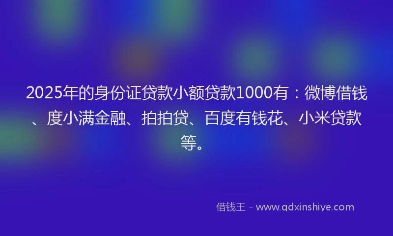 2025年的身份证贷款小额贷款1000有：微博借钱、度小满金融、拍拍贷、百度有钱花、小米贷款等。