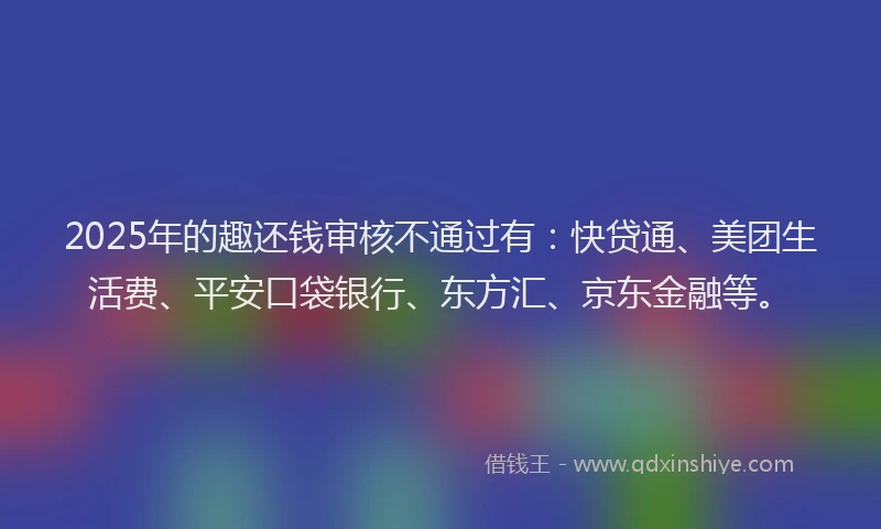 2025年的趣还钱审核不通过有：快贷通、美团生活费、平安口袋银行、东方汇、京东金融等。